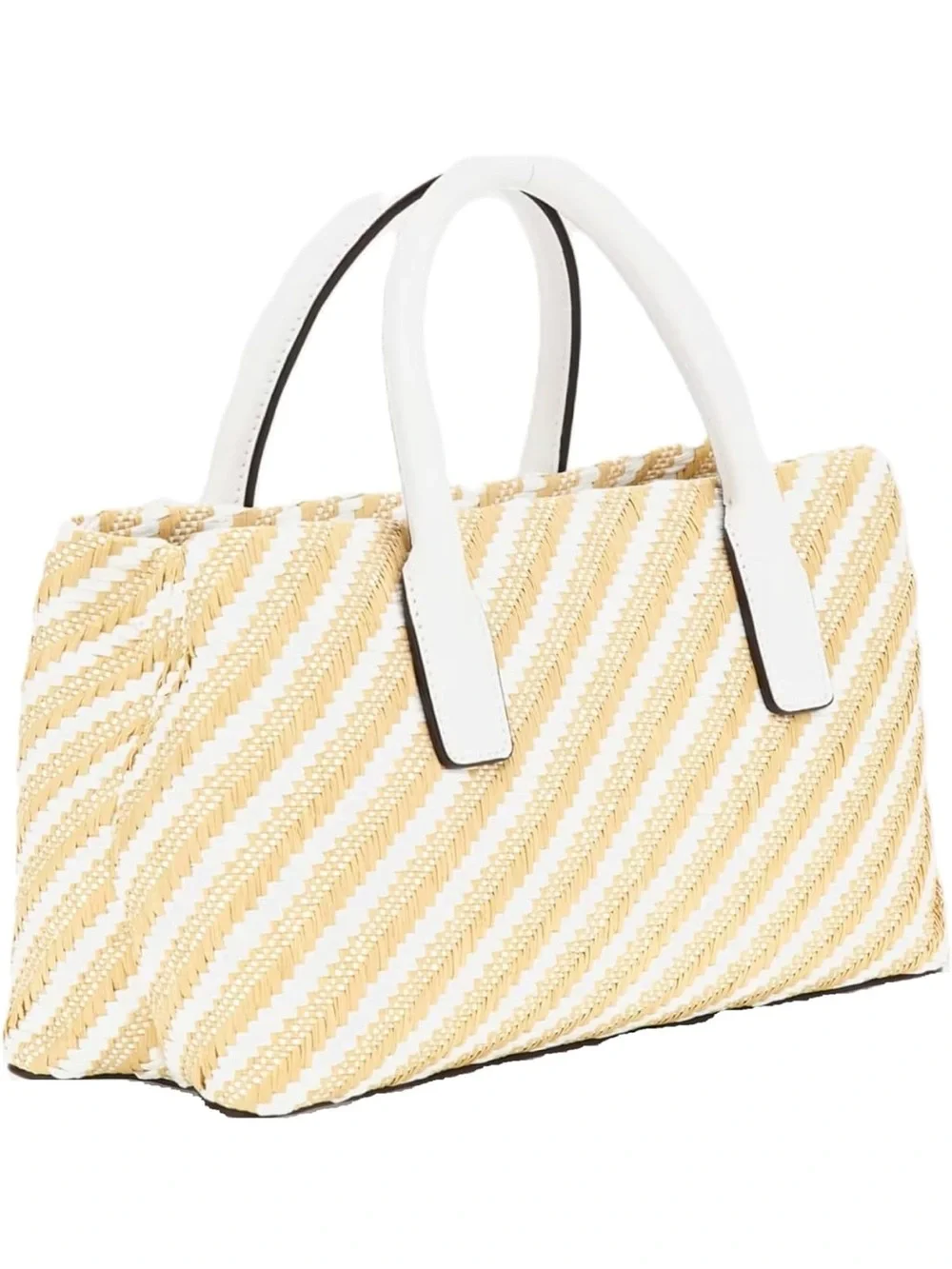 GUESS White & Beige Diagonal-Stripes Satchel with Gold Hardware